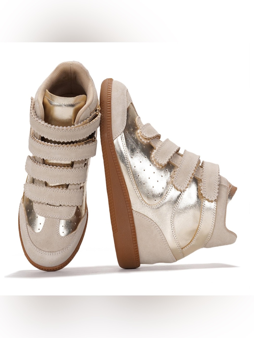 Women’s Metallic Gold High-Top Sneakers 3 Velcro Straps Project Cloud 8.5